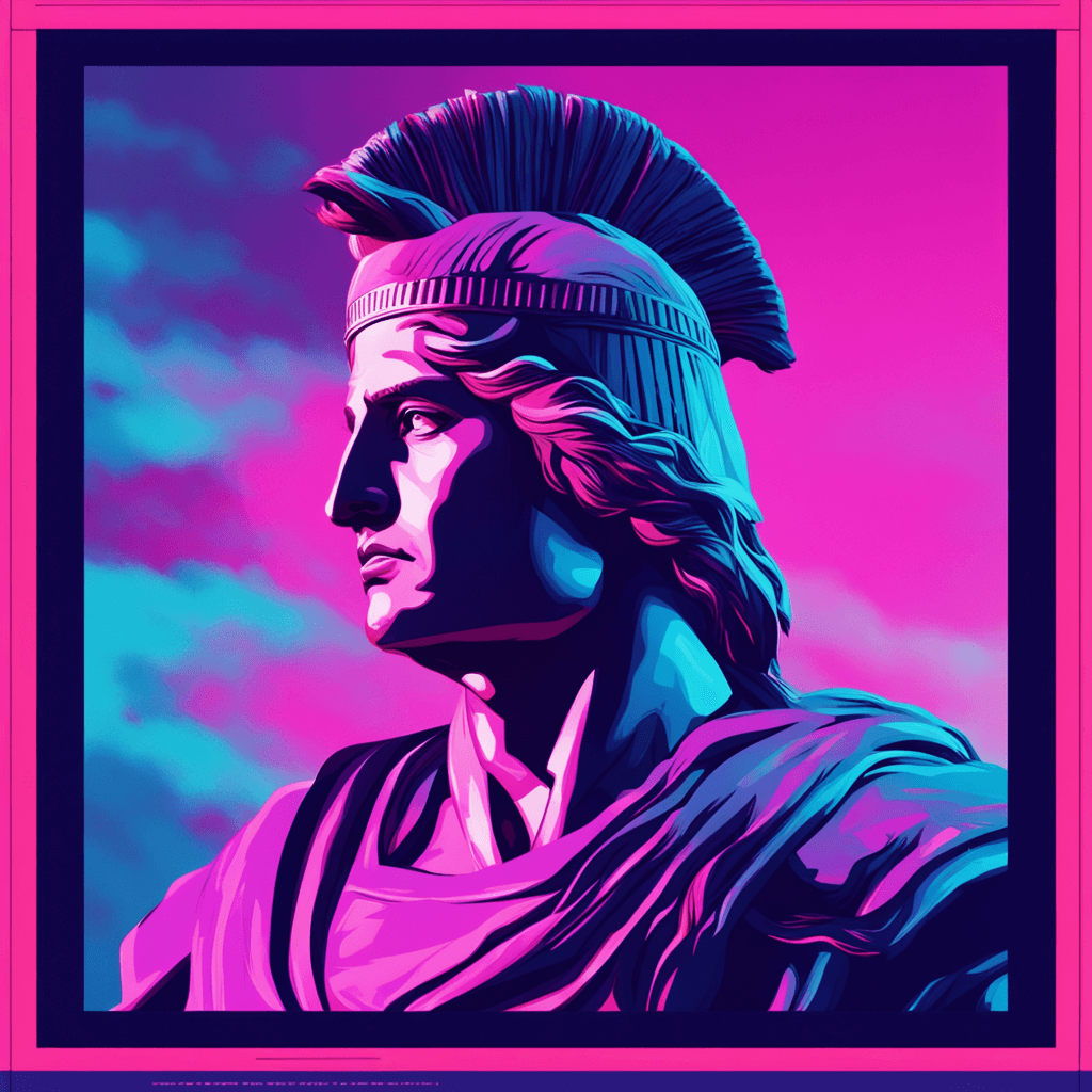 Alexander the Great: Conqueror of Hearts and Empires with a Synthwave and Polaroid style