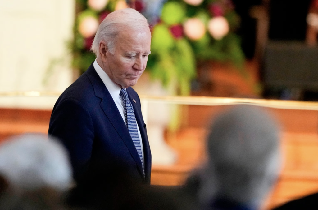 U.S. President Joe Biden arrives for a tribute service for former first lady Rosalynn Carter at Glenn Memorial Church at Emory University, Nov. 28, 2023, in Atlanta.Brynn Anderson/Pool/AFP via Getty Images