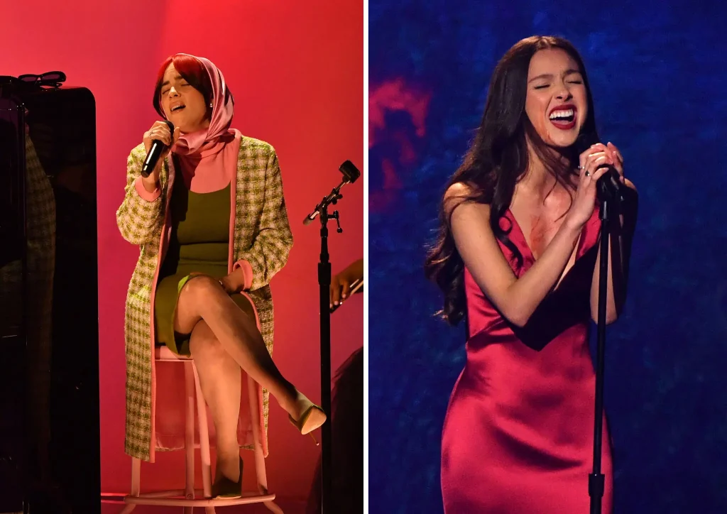 From left: Billie Eilish and Olivia Rodrigo brought powerful vocals and a bit of theater to the Grammy stage. Credit...Photographs by Valerie Macon/Agence France-Presse