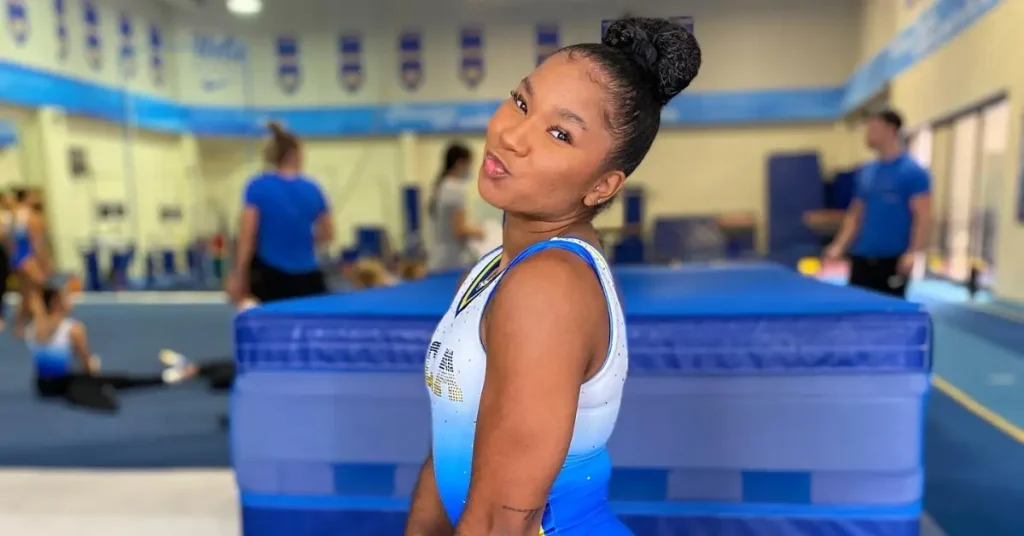 Jordan Chiles poses at UCLA gym